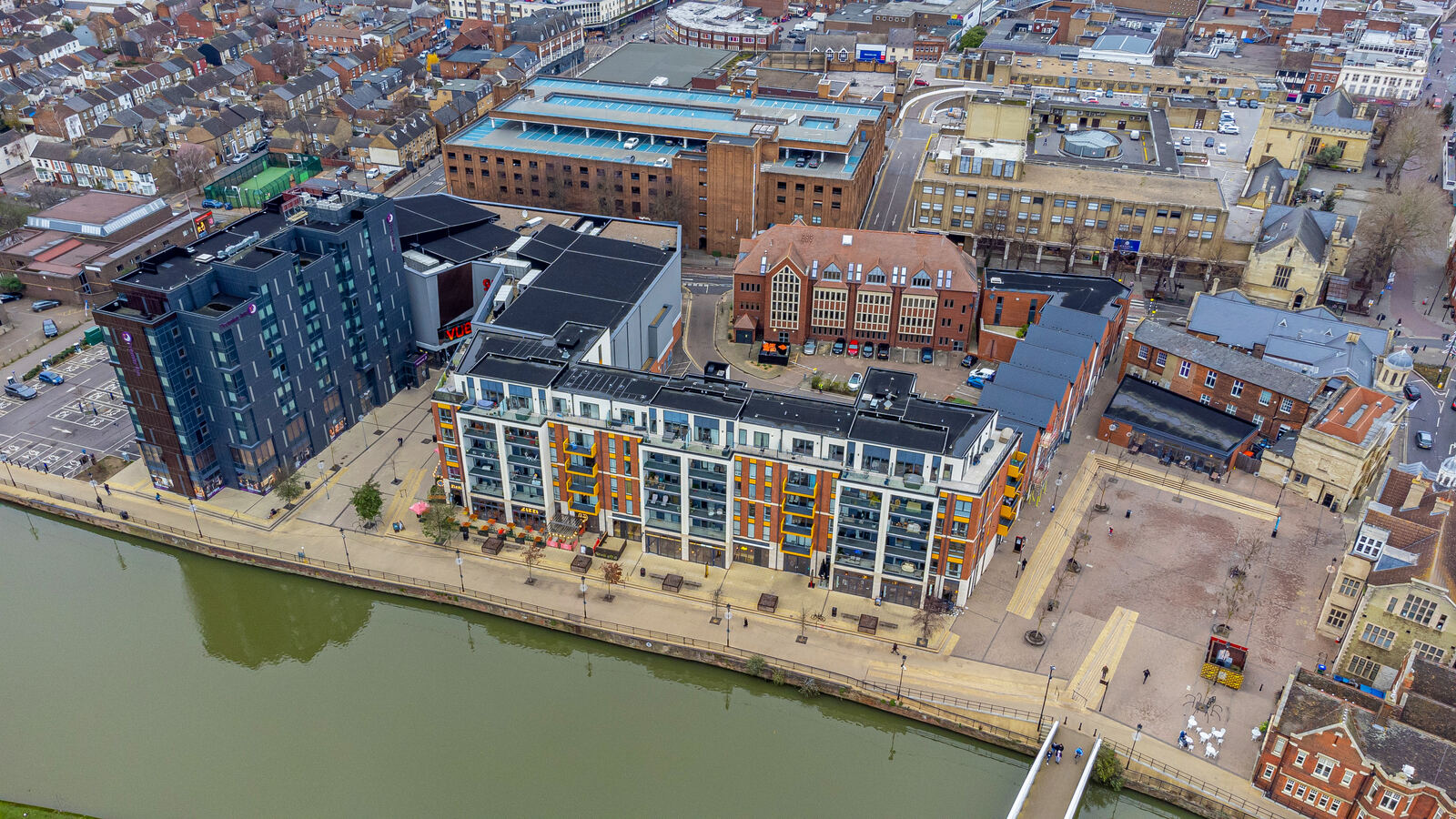 Aerial view of Bedford Riverside, a mixed-use development on the River Great Ouse, Bedford