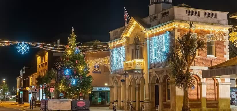Saxon Square, Christchurch, town centre retail and leisure scheme at night